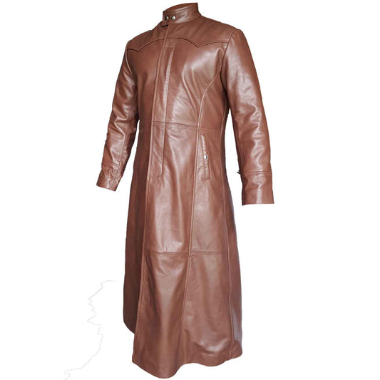 Abrigo largo gótico de piel de vaca marrón para hombre, gabardina gótica Steampunk Van Helsing Matrix