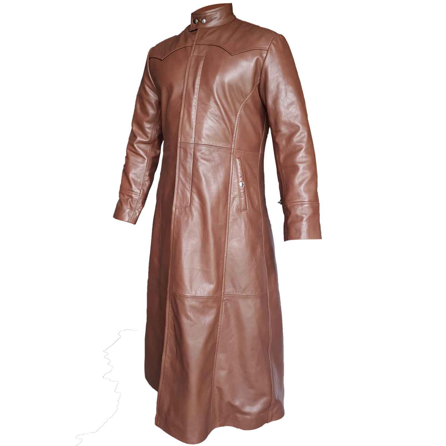 Three-quarter side profile of a men's brown leather gothic duster coat highlighting the side slash pocket and longline silhouette.