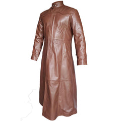 Three-quarter side profile of a men's brown leather gothic duster coat highlighting the side slash pocket and longline silhouette.