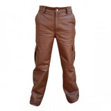 Pantalones de cuero auténtico marrón para hombre, pantalones cargo con 6 bolsillos, pantalones de cuero para moteros