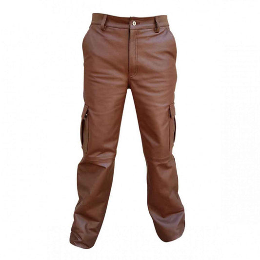 Men's Brown Real Leather Pants Cargo 6 Pockets Pants Bikers Leather Breeches Trousers