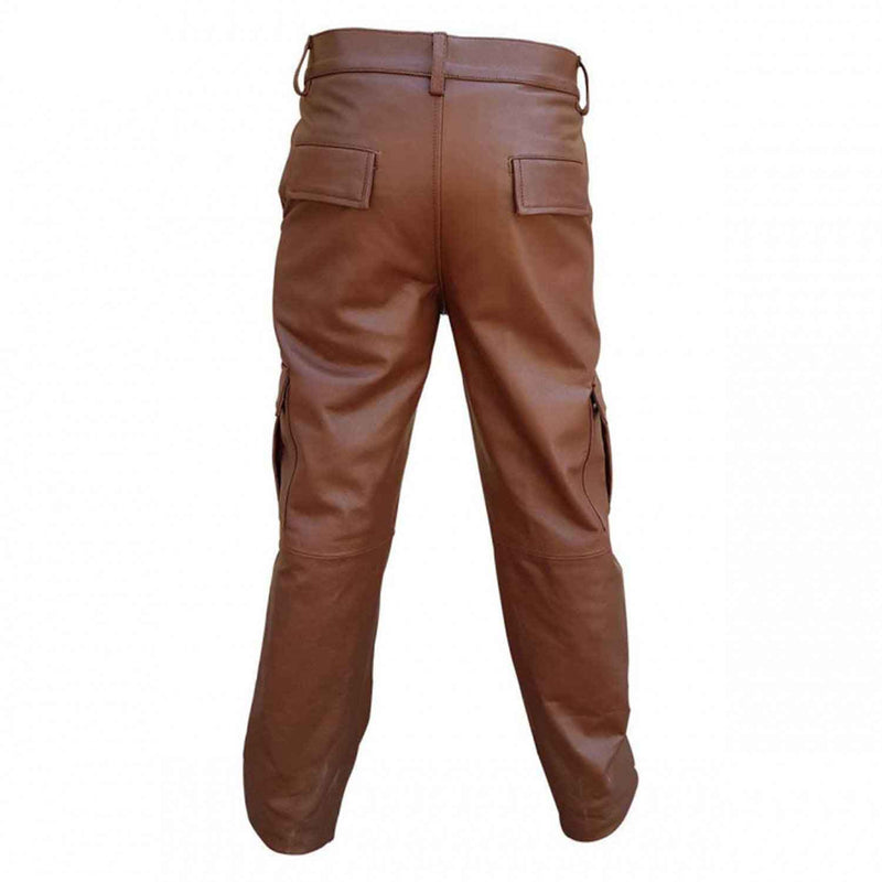 Pantalones de cuero auténtico marrón para hombre, pantalones cargo con 6 bolsillos, pantalones de cuero para moteros