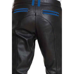 Pantalones de cuero de vaca para hombre Pantalones de motociclista recortados Pantalones de cuero a rayas azules Ropa de club Pantalones chinos