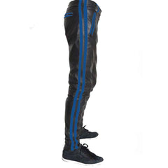 Pantalones de cuero de vaca para hombre Pantalones de motociclista recortados Pantalones de cuero a rayas azules Ropa de club Pantalones chinos