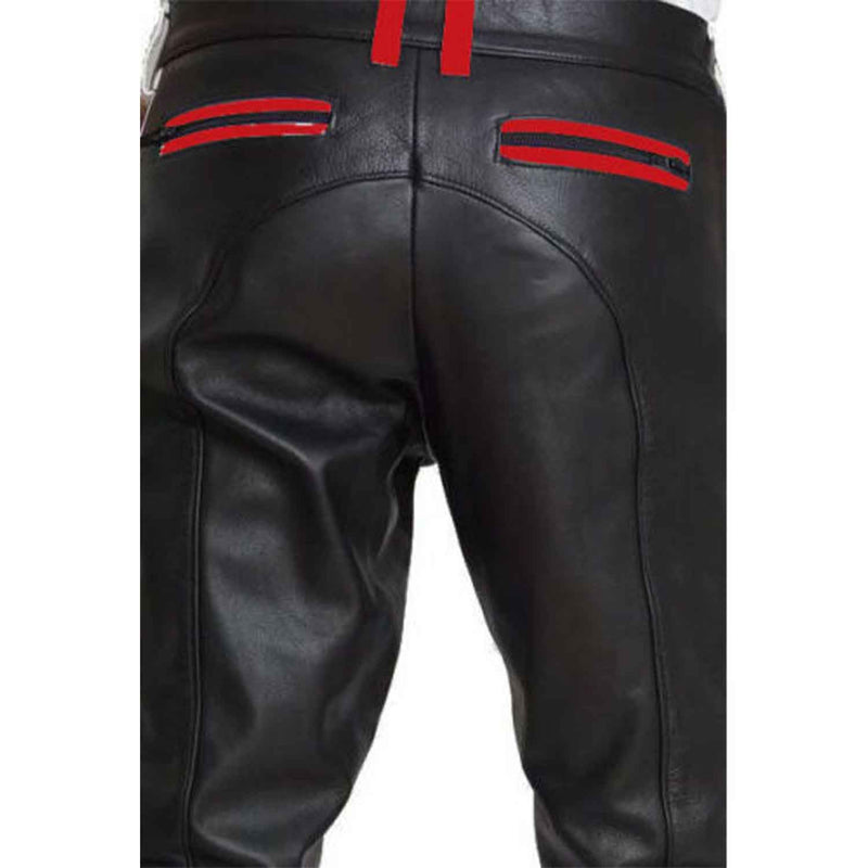 Mens Cowhide Leather Pants Cropped Biker Pants Red Stripe Leather Pants Clubwear Chino Trousers