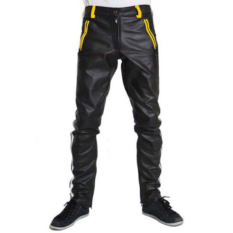 Mens Cowhide Leather Pants Cropped Biker Pants Yellow Stripe Leather Pants Clubwear Chino Trousers