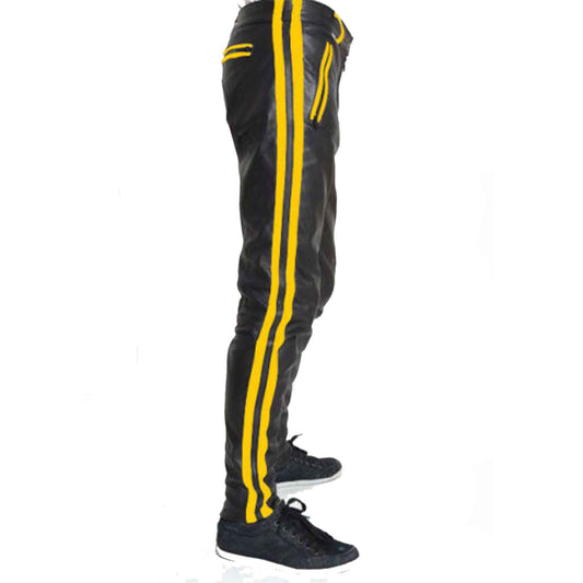 Pantalones de cuero de vaca para hombre Pantalones de motociclista recortados Pantalones de cuero con rayas amarillas Ropa de club Pantalones chinos