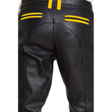 Mens Cowhide Leather Pants Cropped Biker Pants Yellow Stripe Leather Pants Clubwear Chino Trousers