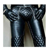 Men's Cowhide Leather Punk Kink Pants Bikers Trousers Jeans Padded BLUF Schwarz