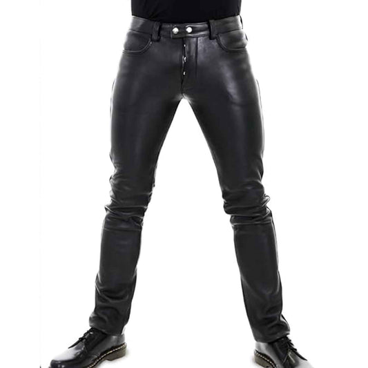 Black leather slim-fit jeans shown on a model from the waist down, paired with black leather boots against a white background.