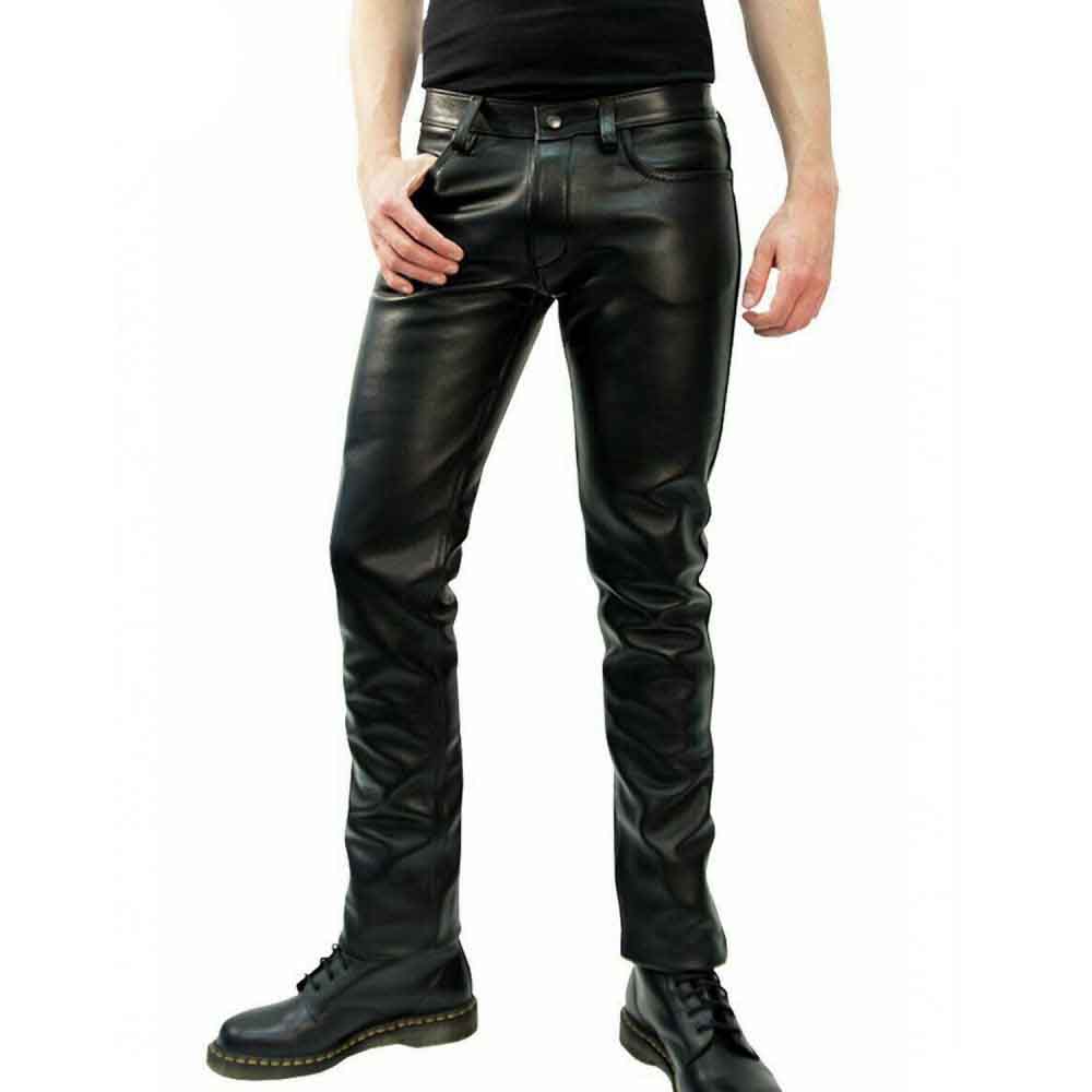 Mens Genuine Leather Black Shinny Jeans Pants Leather Sheep Leather Men Trousers