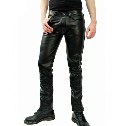 Mens Genuine Leather Black Shinny Jeans Pants Leather Sheep Leather Men Trousers