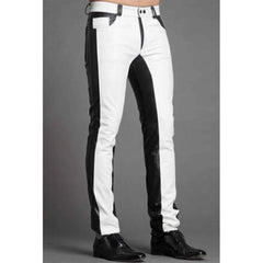 Mens Handmade White and Black Sheep NAPPA Leather Motorcycle Pants Trousers Jeans