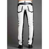 Mens Handmade White and Black Sheep NAPPA Leather Motorcycle Pants Trousers Jeans