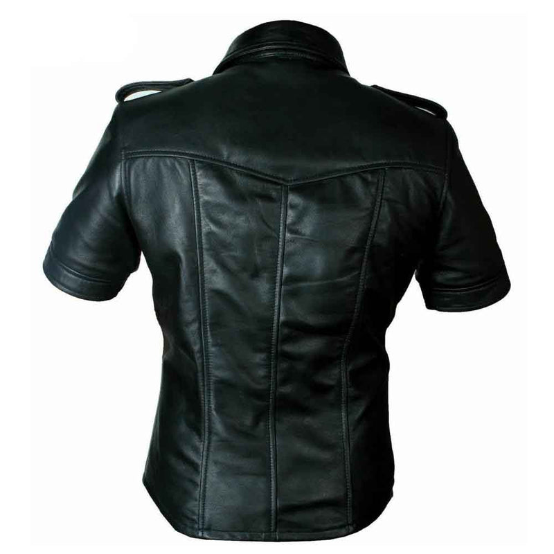 Mens Hot Real Sheep Leather Police Uniform BLUFF Gay Shirt Half Sleeves