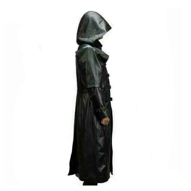 Mens Huntsman negro con capucha de cuero de vaca Steampunk Goth Matrix Trench Coat