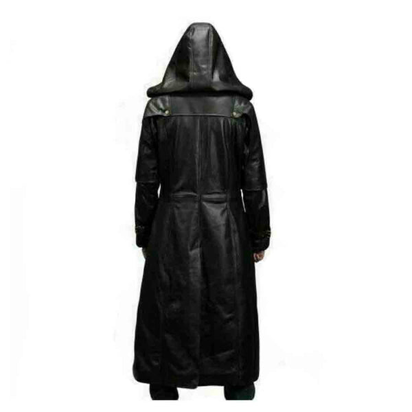 Mens Huntsman negro con capucha de cuero de vaca Steampunk Goth Matrix Trench Coat