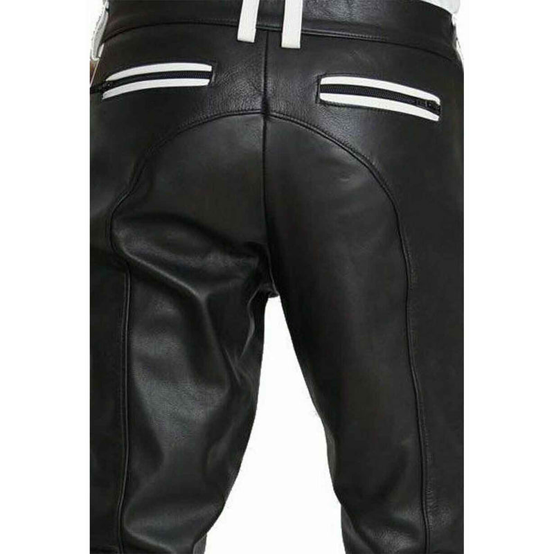 Pantalones de cuero de vaca para hombre Pantalones de motociclista recortados Pantalones de cuero a rayas blancas Clubwear Pantalones chinos