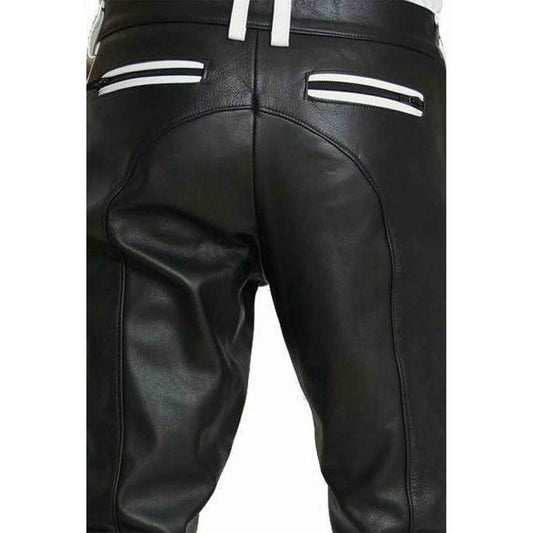 Mens Cowhide Leather Pants Cropped Biker Pants White Stripe Leather Pants Clubwear Chino Trousers