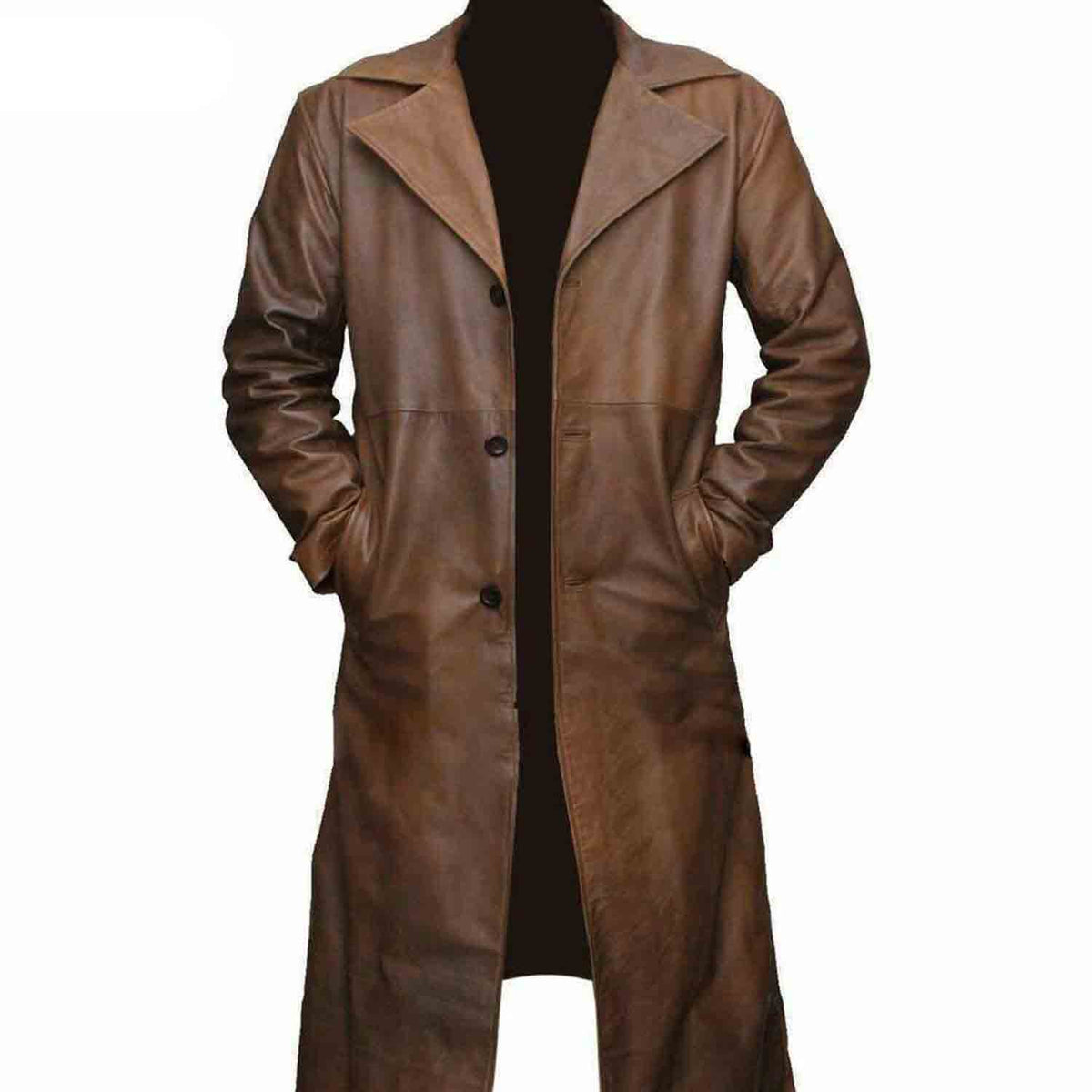 Abrigo largo para hombre Gabardina de cuero genuino Abrigo de lluvia Abrigo desgastado para hombres