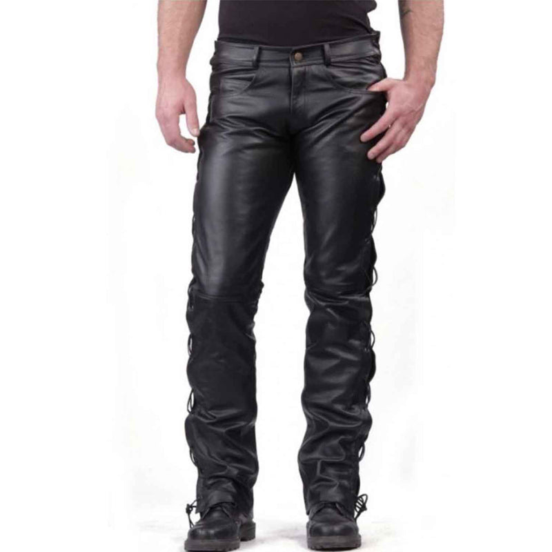 Nuevos pantalones de cuero negros para hombre, pantalones con cordones para motocicleta, pantalones vaqueros 
