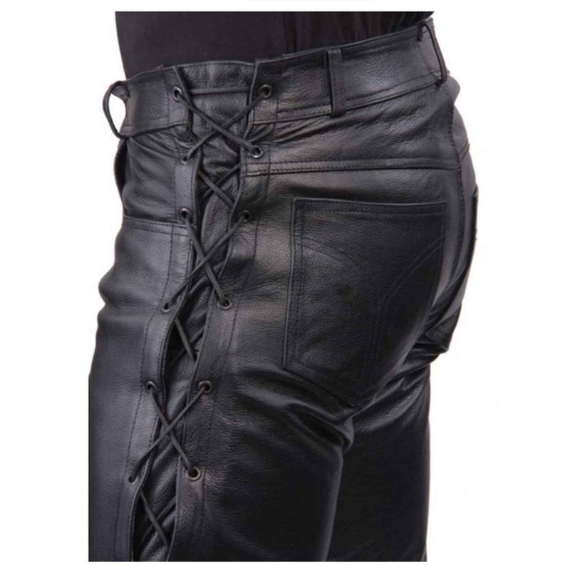 Mens New Black Leather Trousers Motorbike Motorcycle Lacing Pants Trousers Jeans