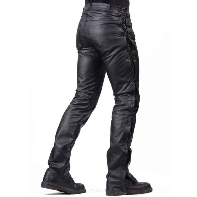 Nuevos pantalones de cuero negros para hombre, pantalones con cordones para motocicleta, pantalones vaqueros 