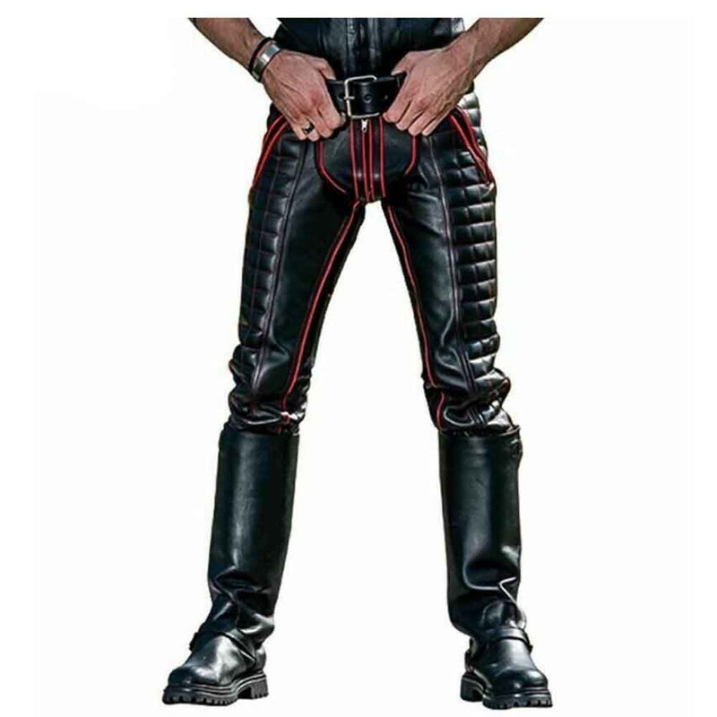 Mens Black Cowhide Leather Red Stripes Double Zip Pants BLUF Breeches Gay Trousers