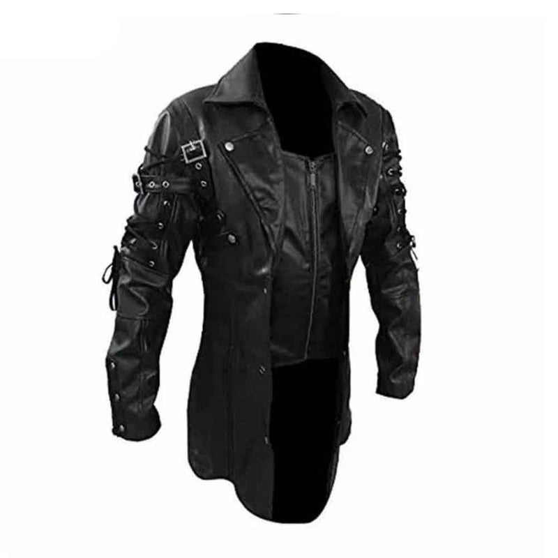 Mens REAL Black Leather Goth Matrix Trench Coat Steampunk Gothic T18 BLACK