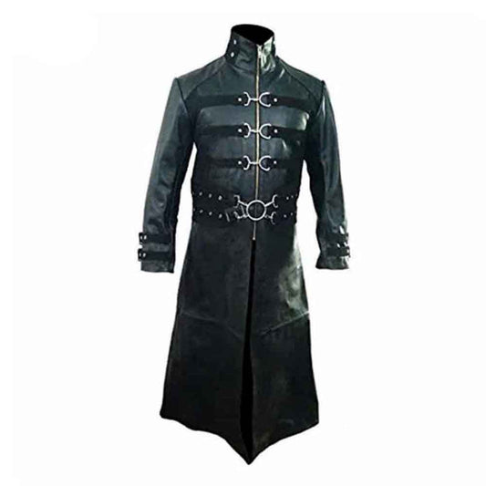Gabardina gótica de cuero negro auténtico para hombre Steampunk gótico Van Helsing T21