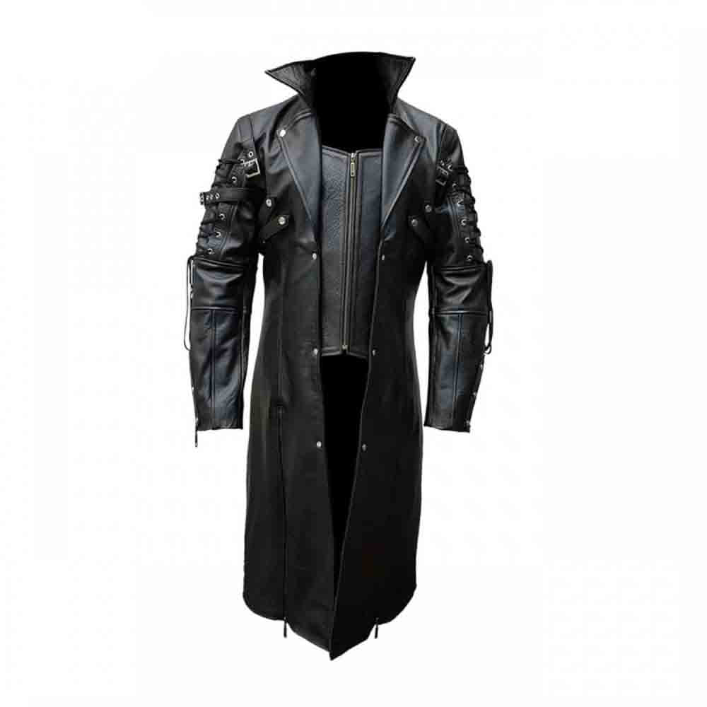 Mens Real Black Leather Goth Matrix Trench Coat Van Helsing Coat Steam Genesis Leather 2813