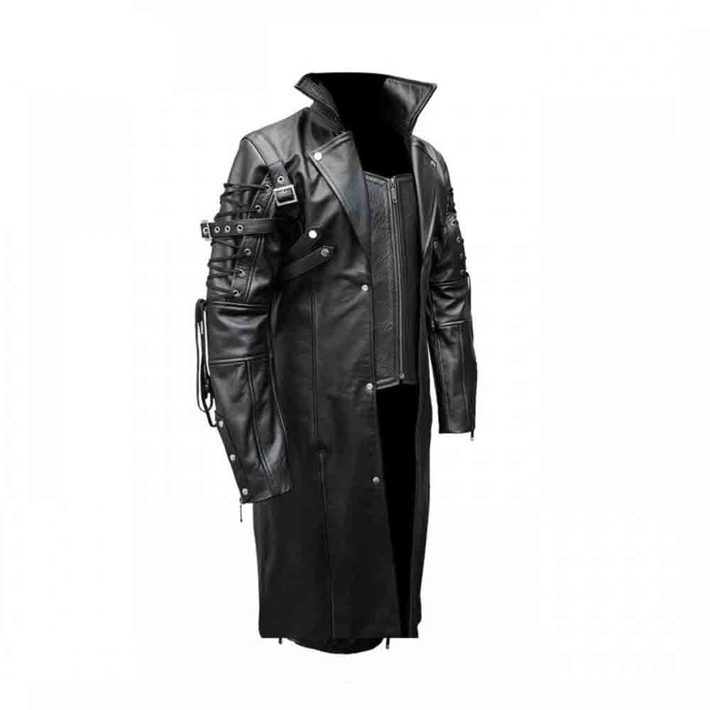 Mens Real Black Leather Goth Matrix Trench Coat Van Helsing Coat Steam Genesis Leather 0289