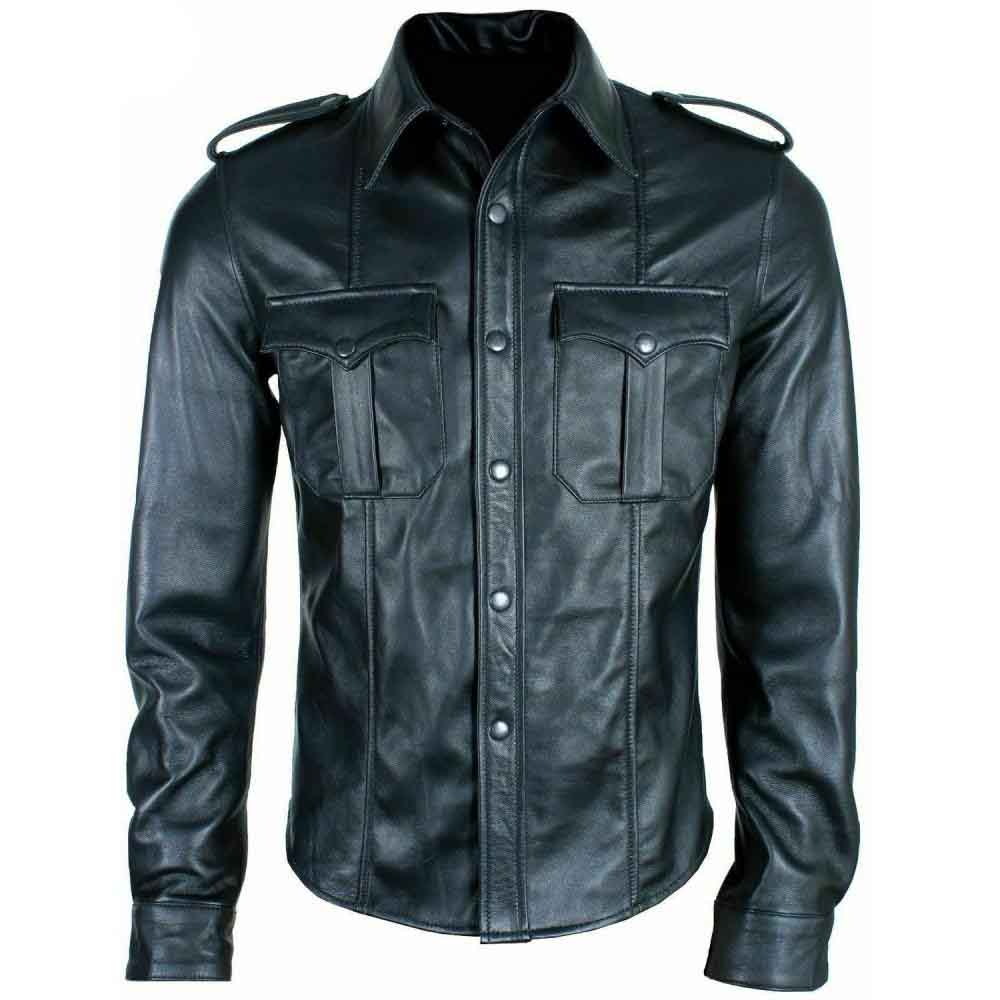 Camisa de estilo militar de policía de cuero negro real para hombre BLUF Camisa de manga completa
