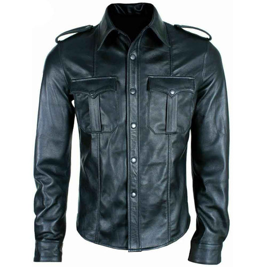 Camisa de estilo militar de policía de cuero negro real para hombre BLUF Camisa de manga completa