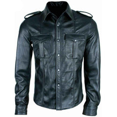 Camisa de estilo militar de policía de cuero negro real para hombre BLUF Camisa de manga completa