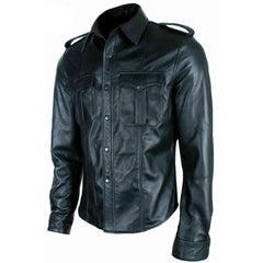Camisa de estilo militar de policía de cuero negro real para hombre BLUF Camisa de manga completa