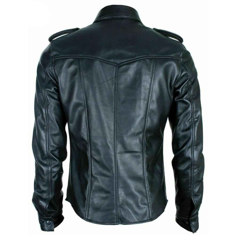 Mens Real Black Leather Police Military Style Shirt BLUF Full Sleeves Shirt