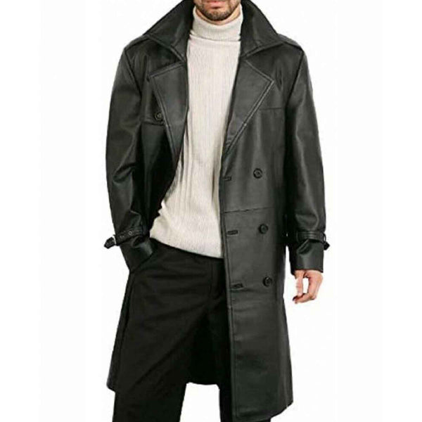Mens Real Black Leather Trench Steampunk Matrix Gothic Winter Coat Jacket