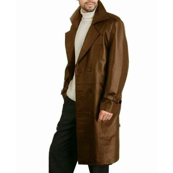 Mens Real Brown Leather Trench Steampunk Gothic Matrix Winter Coat Jacket