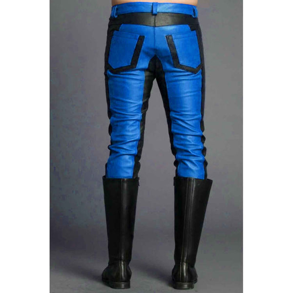 Mens Real Cowhide Leather Black and Blue Contrast Leather Pants Motorcycle Pants Trousers Jeans