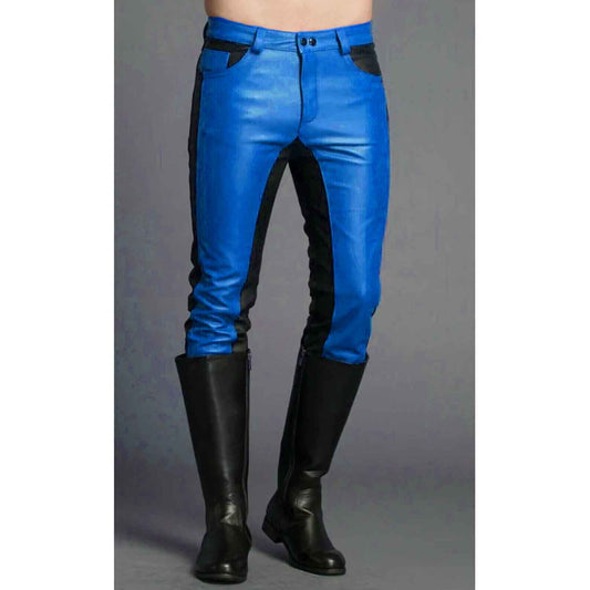 Mens Real Cowhide Leather Black and Blue Contrast Leather Pants Motorcycle Pants Trousers Jeans