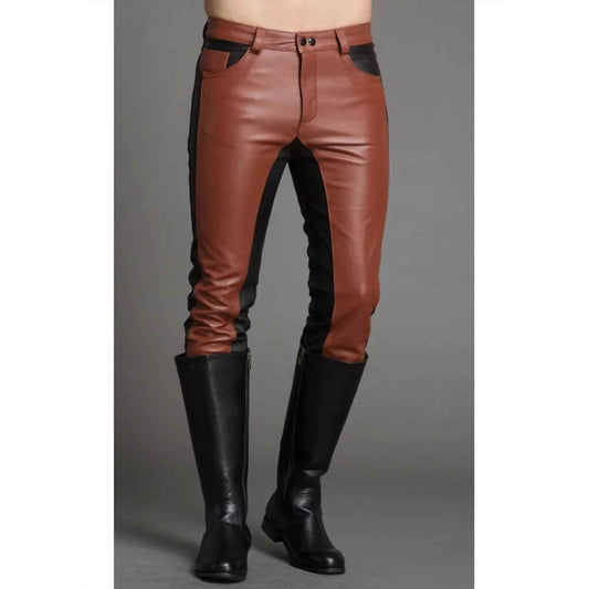Mens Real Cowhide Leather Black and Brown Contrast Leather Pants Motorcycle Pants Trousers Jeans