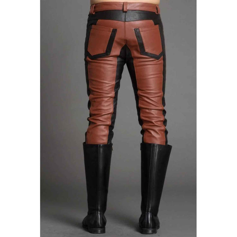 Mens Real Cowhide Leather Black and Brown Contrast Leather Pants Motorcycle Pants Trousers Jeans