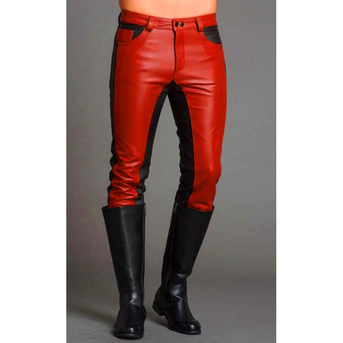 Mens Real Cowhide Leather Black and Red Contrast Leather Pants Motorcycle Pants Trousers Jeans