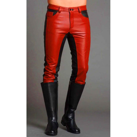 Mens Real Cowhide Leather Black and Red Contrast Leather Pants Motorcycle Pants Trousers Jeans