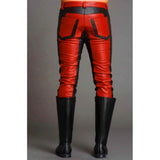Pantalones de cuero de cuero de vaca real para hombre, pantalones de cuero en contraste negro y rojo, pantalones de motocicleta, pantalones vaqueros 