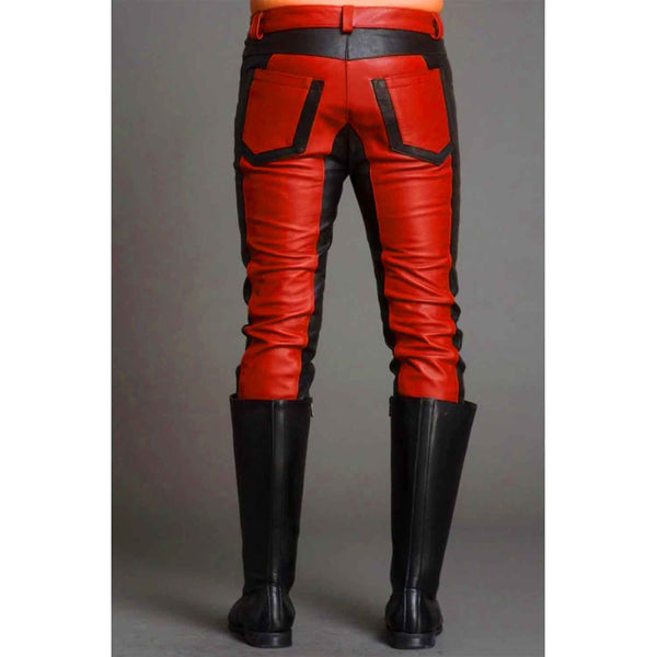 Mens Real Cowhide Leather Black and Red Contrast Leather Pants Motorcycle Pants Trousers Jeans