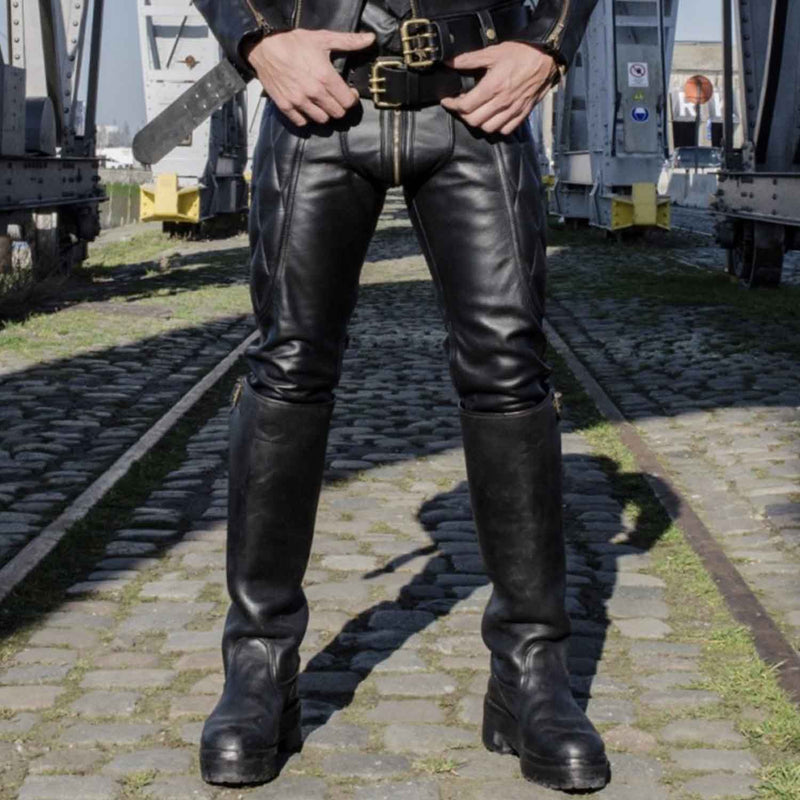 Pantalones de montar de motociclista vintage negros de piel de vaca auténtica para hombre con cremallera trasera