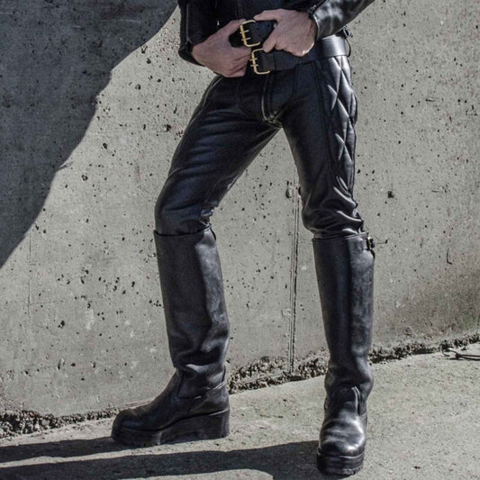 Mens Real Cowhide Leather Black Vintage Biker Saddle Pants Breeches Trousers with Rear zip