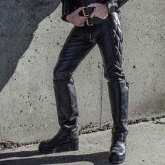 Pantalones de montar de motociclista vintage negros de piel de vaca auténtica para hombre con cremallera trasera